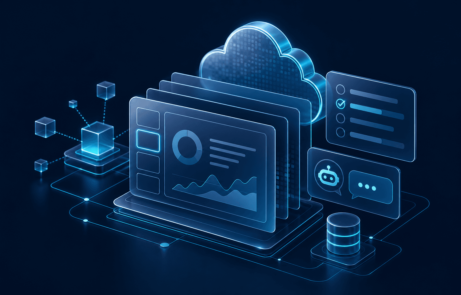 Abstract cloud study system with slide, quiz, and AI assistant panels